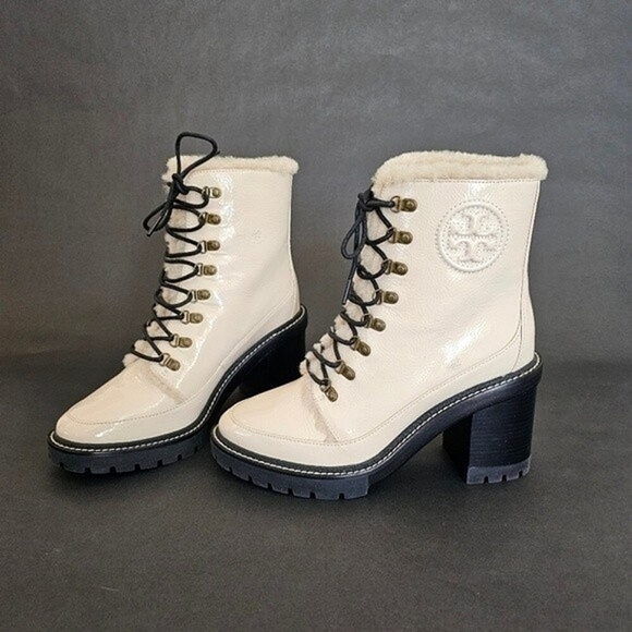 Tory Burch Miller Shearling Lug Sole Bootie Boots SPAIN Brie Leather Fur Lining - Picture 6 of 12